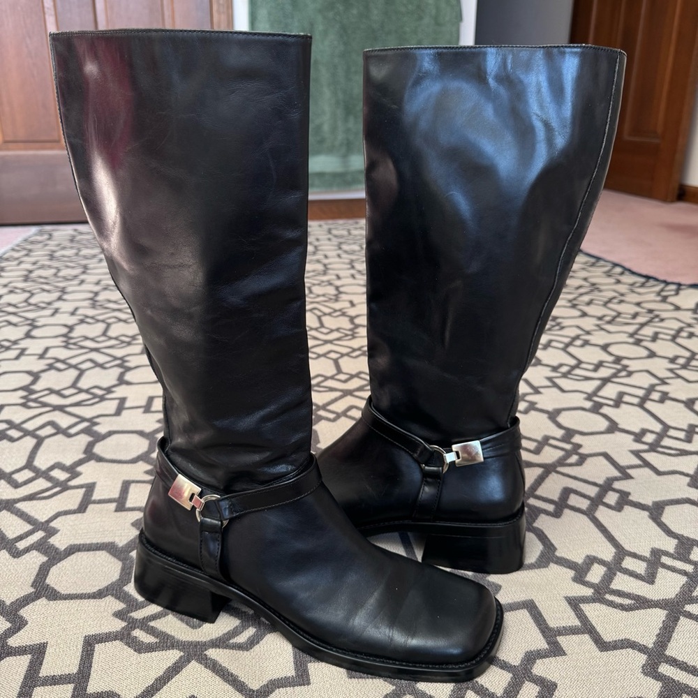 Nine West Genuine Leather Knee High Square Toe Chunky Tall Boots Black Y2K 10M - Picture 4 of 17